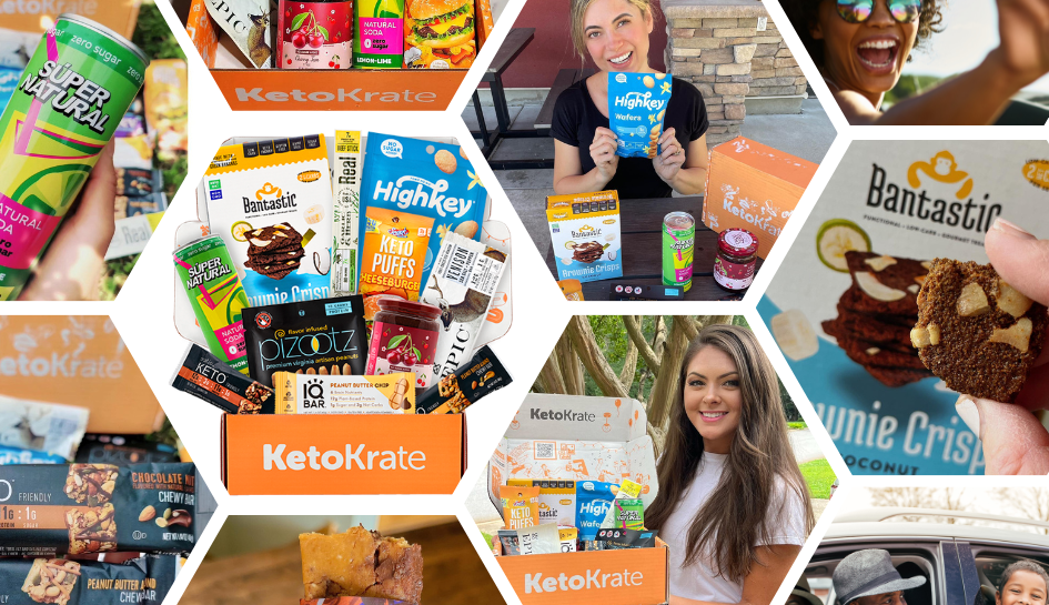 Collage of happy women smiling with their KetoKrate keto snacks