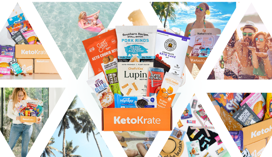 A collage of images showing people enjoying their summer keto snacks in the background with an open KetoKrate in the foreground displaying the snacks that were featured in the June 2023 KetoKrate